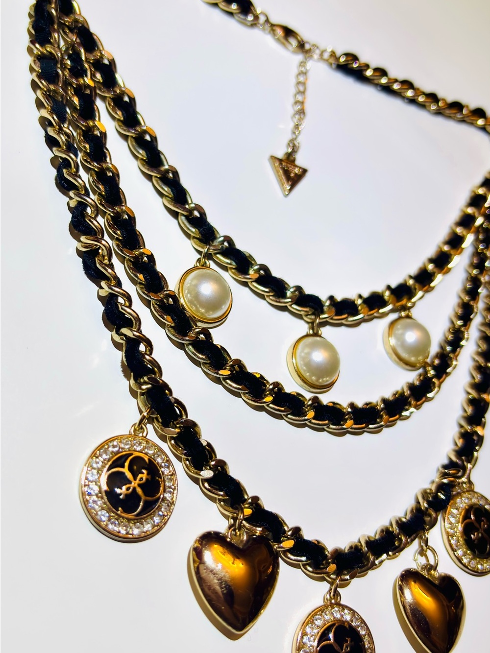Vintage GUESS Layered Charm Statement Necklace Gold Chain Pearl Heart Y2K 2000s